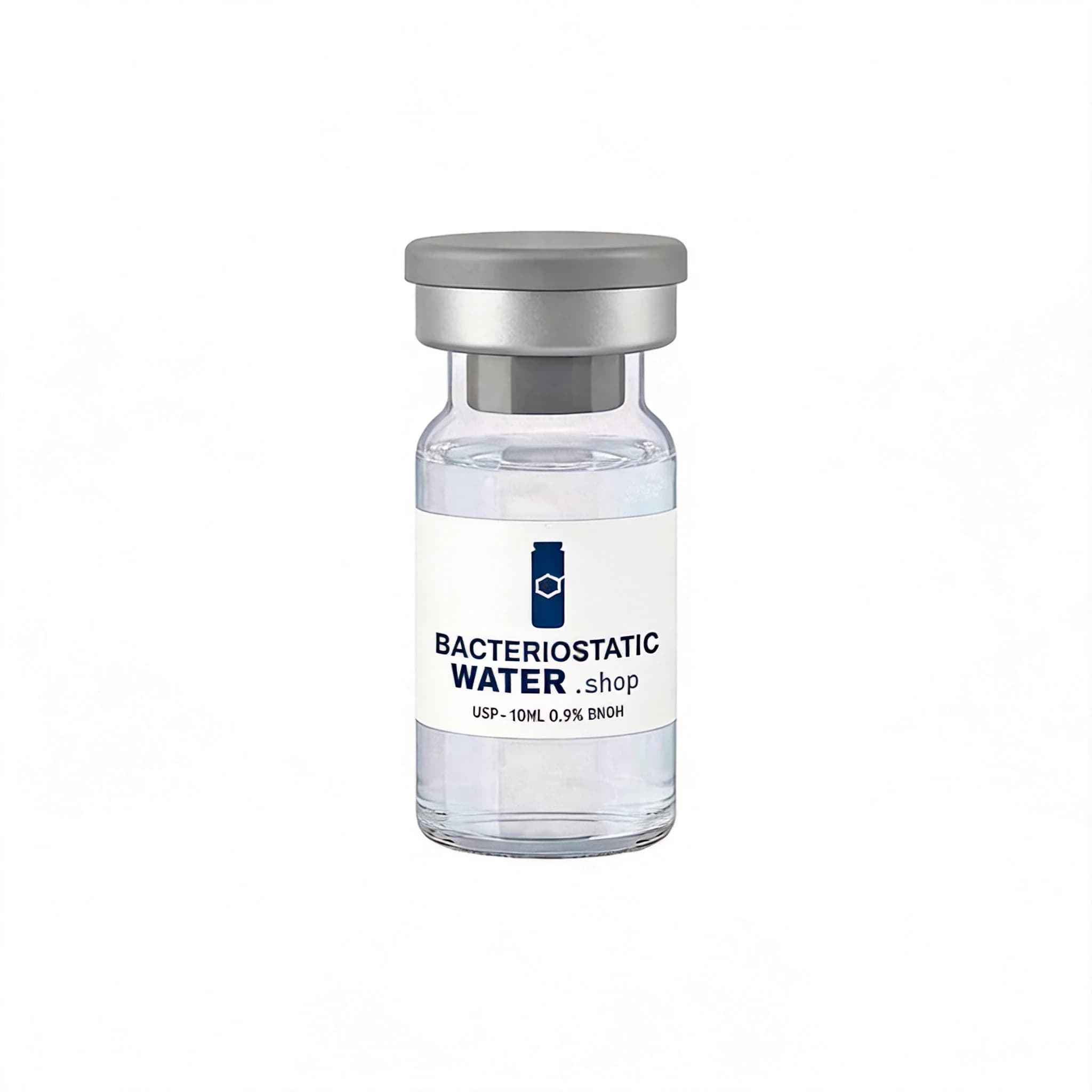 Bacteriostatic Water USP 10mL 0.9% Benzyl Alcohol — single glass vial with rubber stopper and aluminum seal